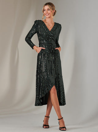 Long Sleeve Metallic Spot Maxi Dress, Black Green