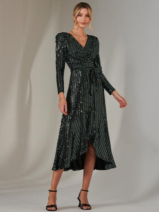 Long Sleeve Metallic Spot Maxi Dress, Black Green