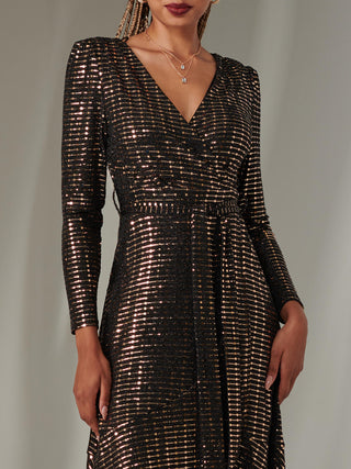 Long Sleeve Metallic Spot Maxi Dress, Black Rose Gold