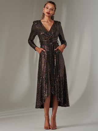 Long Sleeve Metallic Spot Maxi Dress, Black Rose Gold