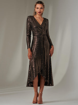 Long Sleeve Metallic Spot Maxi Dress, Black Rose Gold