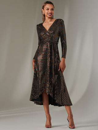 Long Sleeve Metallic Spot Maxi Dress, Black Rose Gold Jolie Moi Retail Long Sleeve Metallic Spot Maxi Dress, Black Rose Gold Jolie Moi Retail