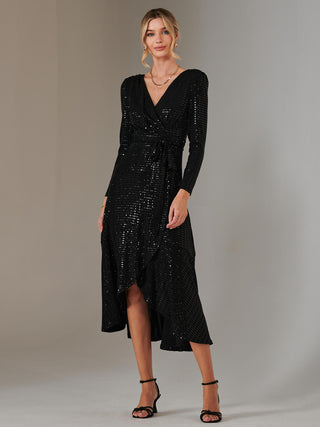 Long Sleeve Metallic Spot Maxi Dress, Black