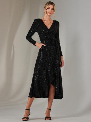 Long Sleeve Metallic Spot Maxi Dress, Black