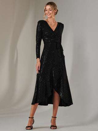 Long Sleeve Metallic Spot Maxi Dress, Black