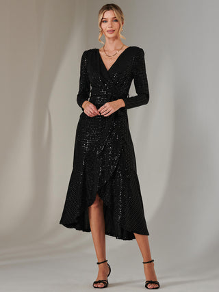 Long Sleeve Metallic Spot Maxi Dress, Black