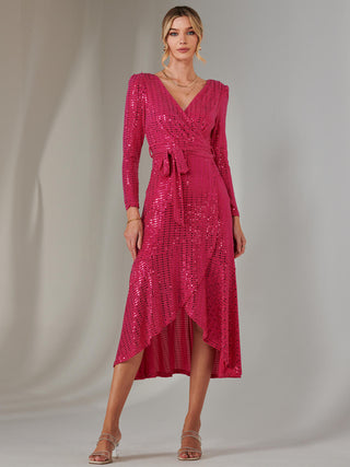 Long Sleeve Metallic Spot Maxi Dress, Fuschia