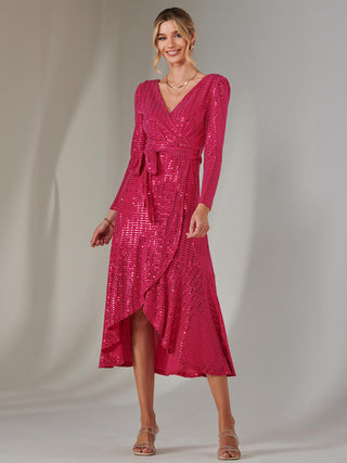 Long Sleeve Metallic Spot Maxi Dress, Fuschia