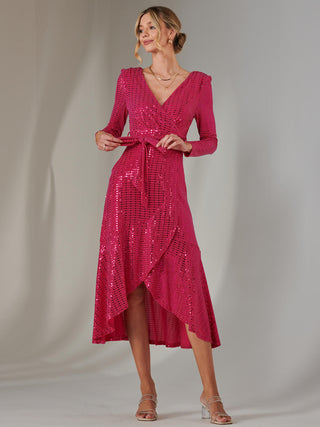 Long Sleeve Metallic Spot Maxi Dress, Fuschia