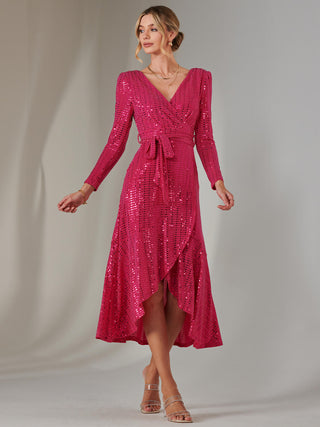 Long Sleeve Metallic Spot Maxi Dress, Fuschia