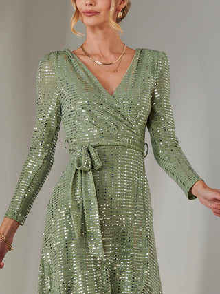 Long Sleeve Metallic Spot Maxi Dress, Green Silver