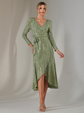 Long Sleeve Metallic Spot Maxi Dress, Green Silver