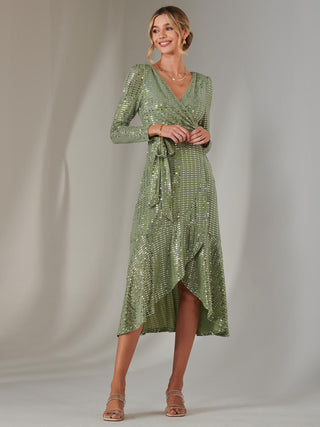 Long Sleeve Metallic Spot Maxi Dress, Green Silver