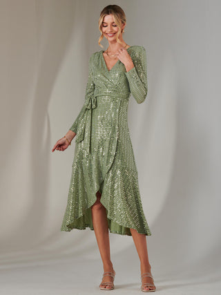 Long Sleeve Metallic Spot Maxi Dress, Green Silver