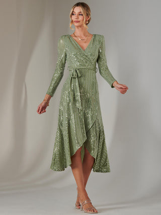 Long Sleeve Metallic Spot Maxi Dress, Green Silver