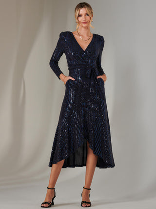 Long Sleeve Metallic Spot Maxi Dress, Navy