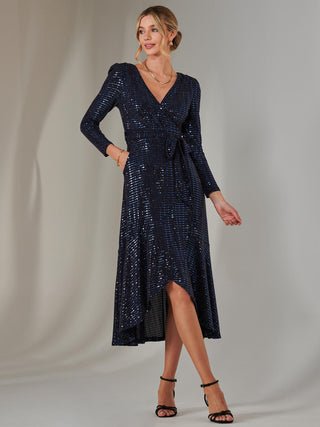 Long Sleeve Metallic Spot Maxi Dress, Navy