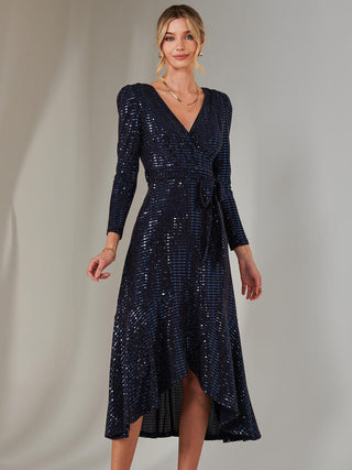 Long Sleeve Metallic Spot Maxi Dress, Navy