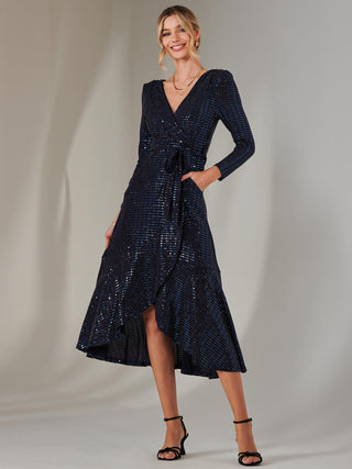 Long Sleeve Metallic Spot Maxi Dress, Navy