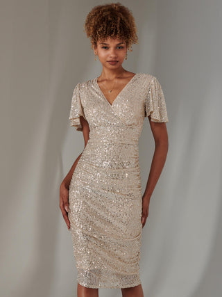 Flare Sleeve Ruched Sequin Dress, Beige Silver Jolie Moi Retail Flare Sleeve Ruched Sequin Dress, Beige Silver Jolie Moi Retail