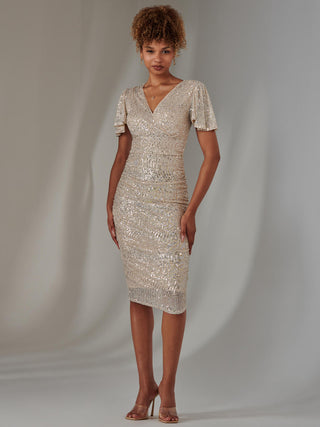 sequin v-neck puff sleeve ruched midi sheath dress Sequin V-neck Puff Sleeve Ruched Midi Sheath Dress