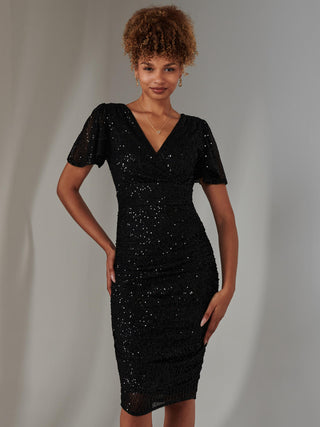 Flare Sleeve Ruched Sequin Dress, Black Jolie Moi Retail Flare Sleeve Ruched Sequin Dress, Black Jolie Moi Retail