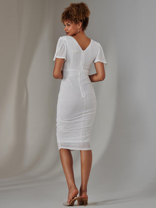 Flare Sleeve Ruched Sequin Dress, White Jolie Moi Retail Flare Sleeve Ruched Sequin Dress, White Jolie Moi Retail