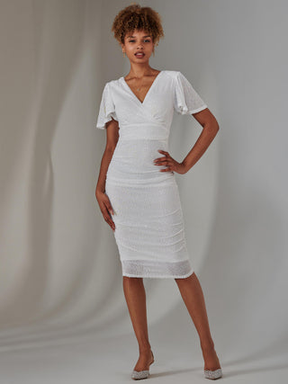 Flare Sleeve Ruched Sequin Dress, White