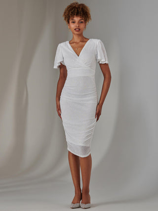 Flare Sleeve Ruched Sequin Dress, White Jolie Moi Retail Flare Sleeve Ruched Sequin Dress, White Jolie Moi Retail