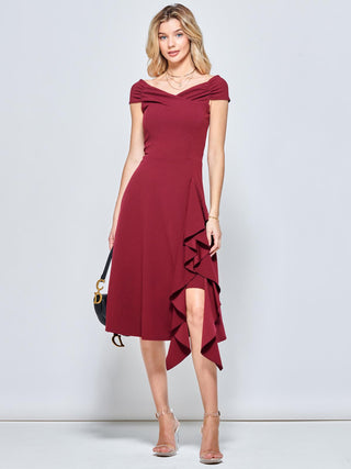 Off Shoulder Frill Ponte Midi Dress, Burgundy Jolie Moi Retail Off Shoulder Frill Ponte Midi Dress, Burgundy Jolie Moi Retail