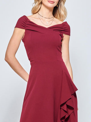 Off Shoulder Frill Ponte Midi Dress, Burgundy Jolie Moi Retail Off Shoulder Frill Ponte Midi Dress, Burgundy Jolie Moi Retail