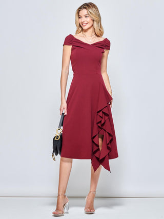 Off Shoulder Frill Ponte Midi Dress, Burgundy