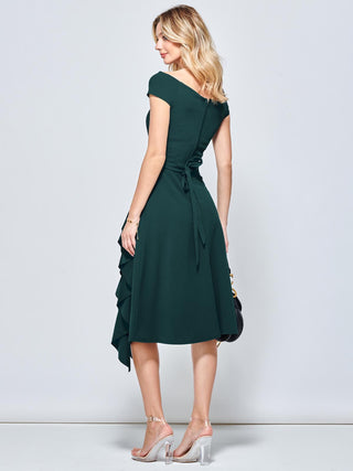 Off Shoulder Frill Ponte Midi Dress, Forest Green Jolie Moi Retail Off Shoulder Frill Ponte Midi Dress, Forest Green Jolie Moi Retail