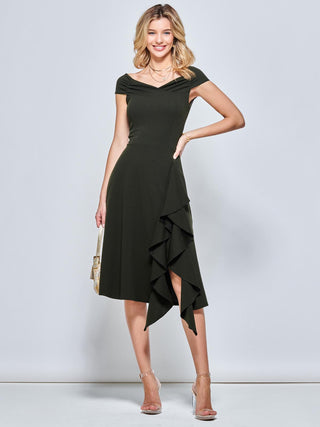 Off Shoulder Frill Ponte Midi Dress, Soldier Green Jolie Moi Retail Off Shoulder Frill Ponte Midi Dress, Soldier Green Jolie Moi Retail