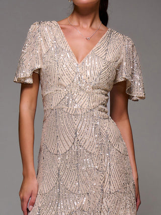 Sequin Angel Sleeve Ruffle Hem Maxi Dress, Beige Silver