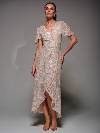 Sequin Angel Sleeve Ruffle Hem Maxi Dress, Beige Silver