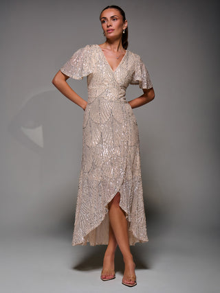 Sequin Angel Sleeve Ruffle Hem Maxi Dress, Beige Silver