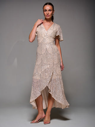 Sequin Angel Sleeve Ruffle Hem Maxi Dress, Beige Silver