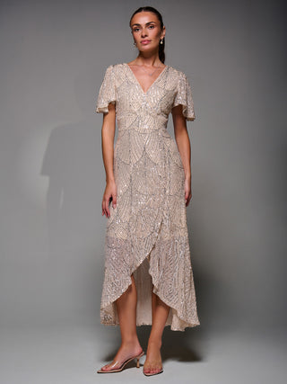 Sequin Angel Sleeve Ruffle Hem Maxi Dress, Beige Silver