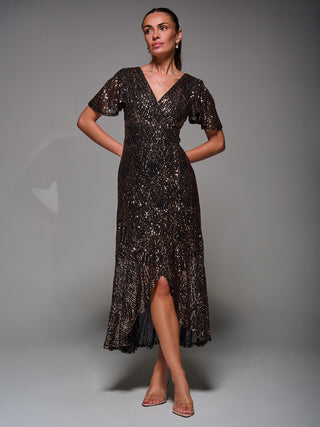 Sequin Angel Sleeve Ruffle Hem Maxi Dress, Black Gold Jolie Moi Retail Sequin Angel Sleeve Ruffle Hem Maxi Dress, Black Gold Jolie Moi Retail