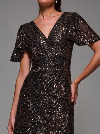 Sequin Angel Sleeve Ruffle Hem Maxi Dress, Black Gold