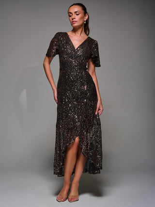 Sequin Angel Sleeve Ruffle Hem Maxi Dress, Black Gold