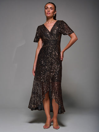 Sequin Angel Sleeve Ruffle Hem Maxi Dress, Black Gold