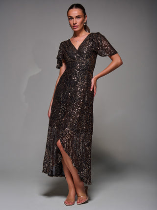 Sequin Angel Sleeve Ruffle Hem Maxi Dress, Black Gold