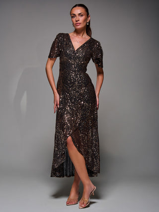 Sequin Angel Sleeve Ruffle Hem Maxi Dress, Black Gold