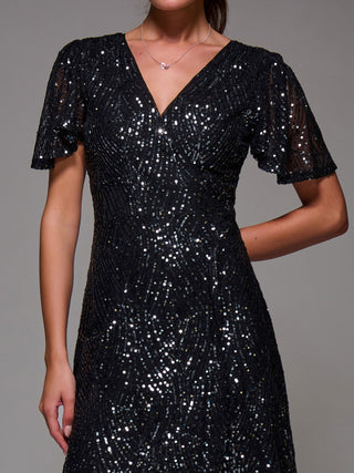 Sequin Angel Sleeve Ruffle Hem Maxi Dress, Black Nickel