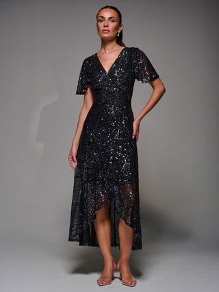 Sequin Angel Sleeve Ruffle Hem Maxi Dress, Black Nickel