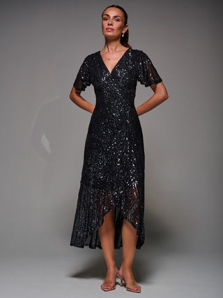 Sequin Angel Sleeve Ruffle Hem Maxi Dress, Black Nickel