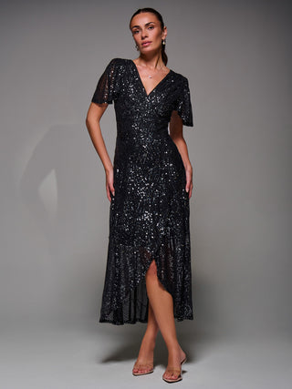 Sequin Angel Sleeve Ruffle Hem Maxi Dress, Black Nickel
