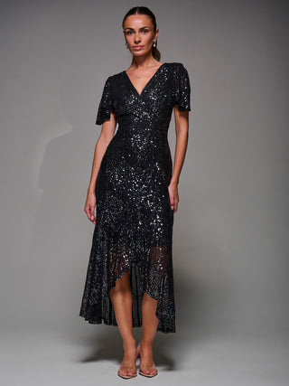 Sequin Angel Sleeve Ruffle Hem Maxi Dress, Black Nickel